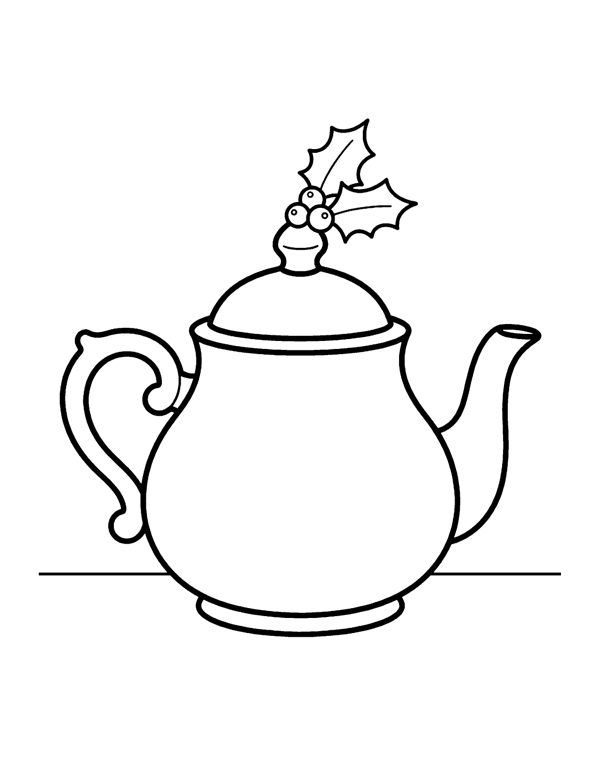 Teapot Holly Coloring Page - Bold & Easy Christmas Coloring Pages Vol. 2
