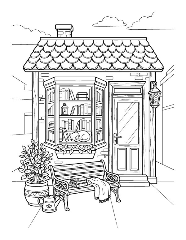 Cozy Bookshop & Reading Nook Coloring Pages for Adults & Teens free sample