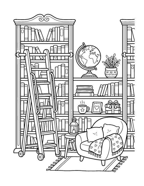Cozy Bookshop & Reading Nook Coloring Pages for Adults & Teens page 3