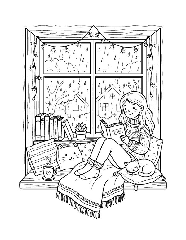 Cozy Bookshop & Reading Nook Coloring Pages for Adults & Teens page 5