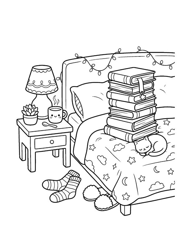 Cozy Bookshop & Reading Nook Coloring Pages for Adults & Teens page 7