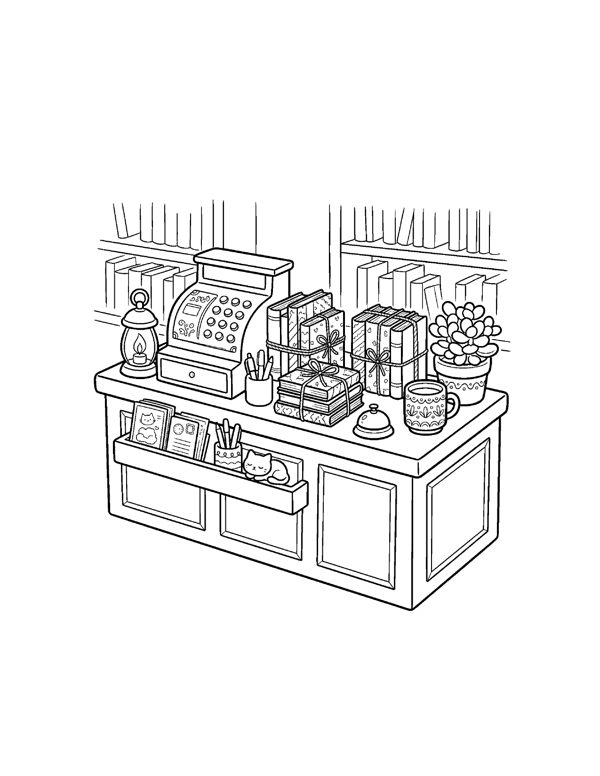 Cozy Bookshop & Reading Nook Coloring Pages for Adults & Teens page 8