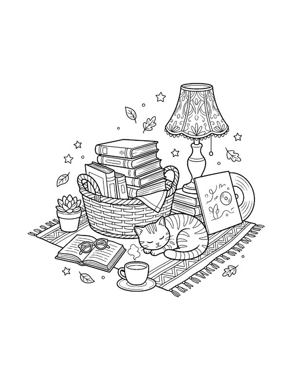Cozy Bookshop & Reading Nook Coloring Pages for Adults & Teens page 10