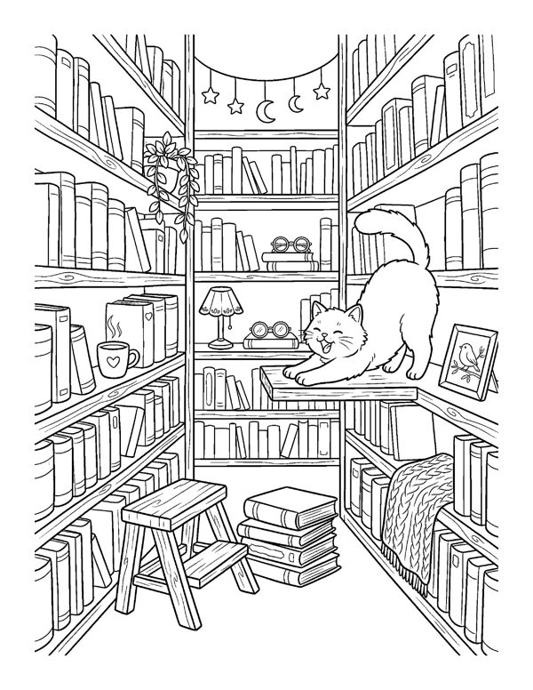Cozy Bookshop & Reading Nook Coloring Pages for Adults & Teens page 14