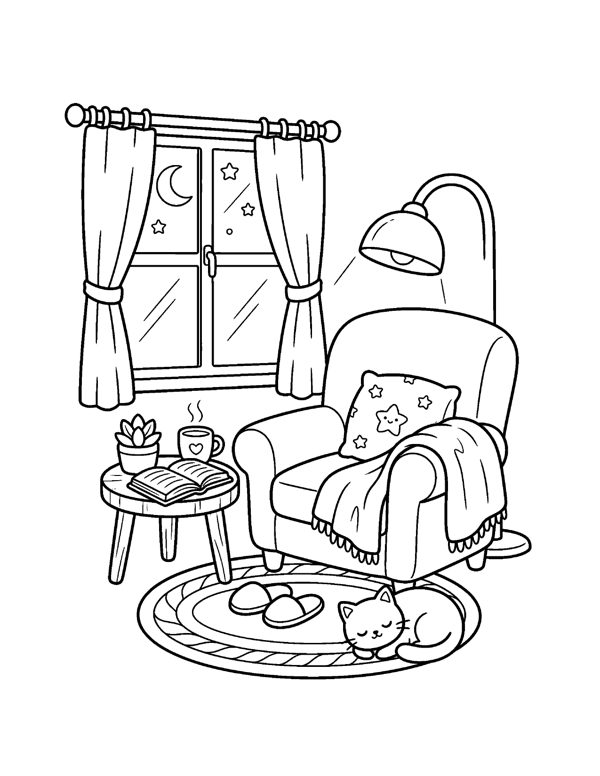 Cozy Bookshop & Reading Nook Coloring Pages for Adults & Teens page 16