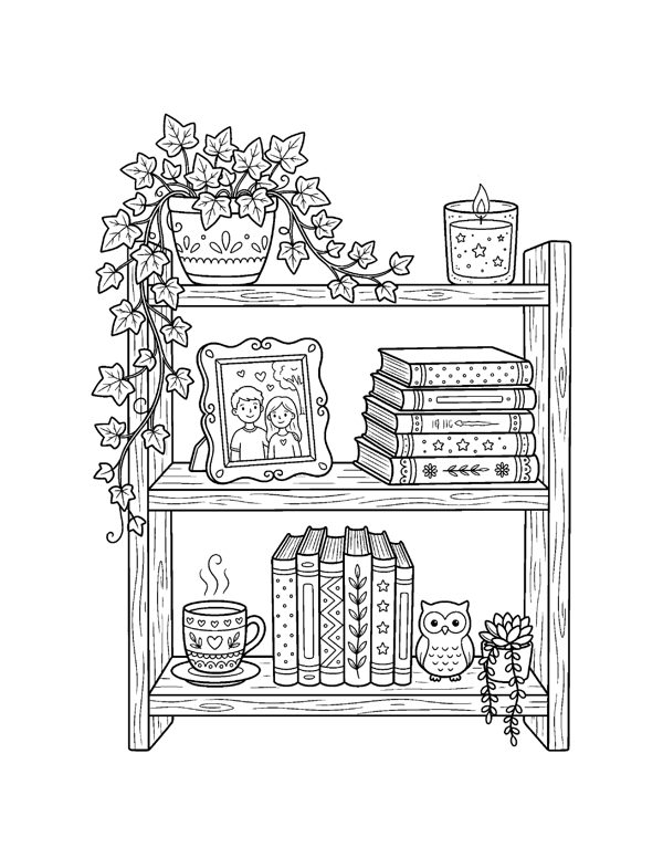 Cozy Bookshop & Reading Nook Coloring Pages for Adults & Teens page 17