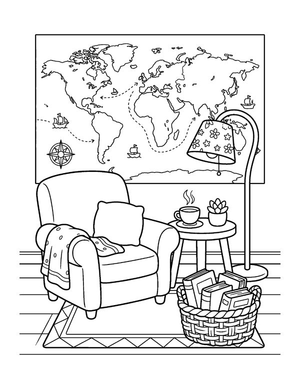 Cozy Bookshop & Reading Nook Coloring Pages for Adults & Teens page 20