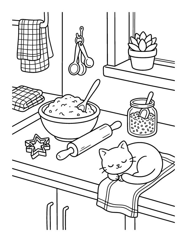 Cookie Kitchen Coloring Page - Cozy Christmas Baking Coloring Pages