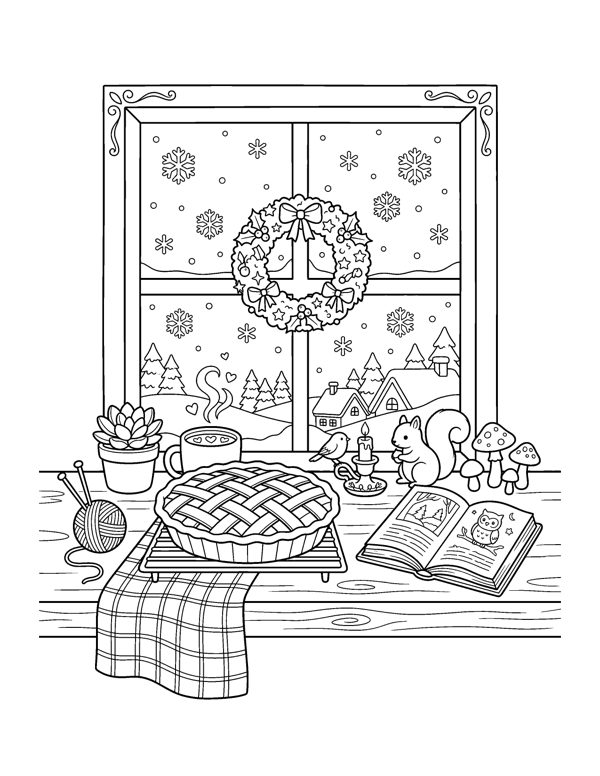Pie Window Coloring Page - Cozy Christmas Baking Coloring Pages