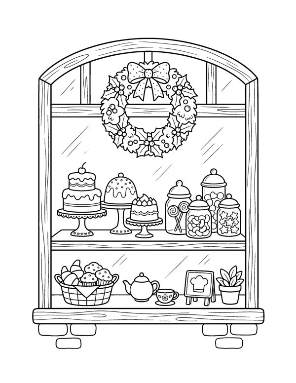 Bakery Window Coloring Page - Cozy Christmas Baking Coloring Pages