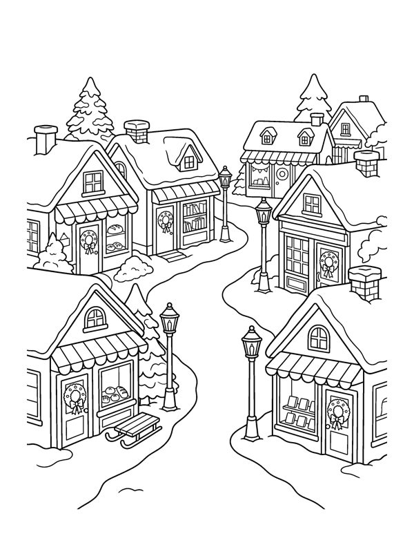 Cozy Christmas Village Coloring Pages free sample