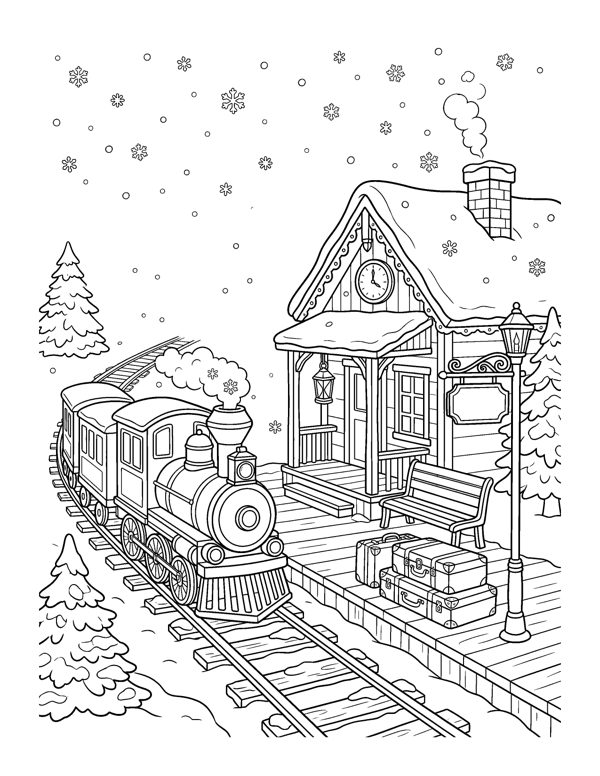 Train Station Coloring Page - Cozy Christmas Village Coloring Pages