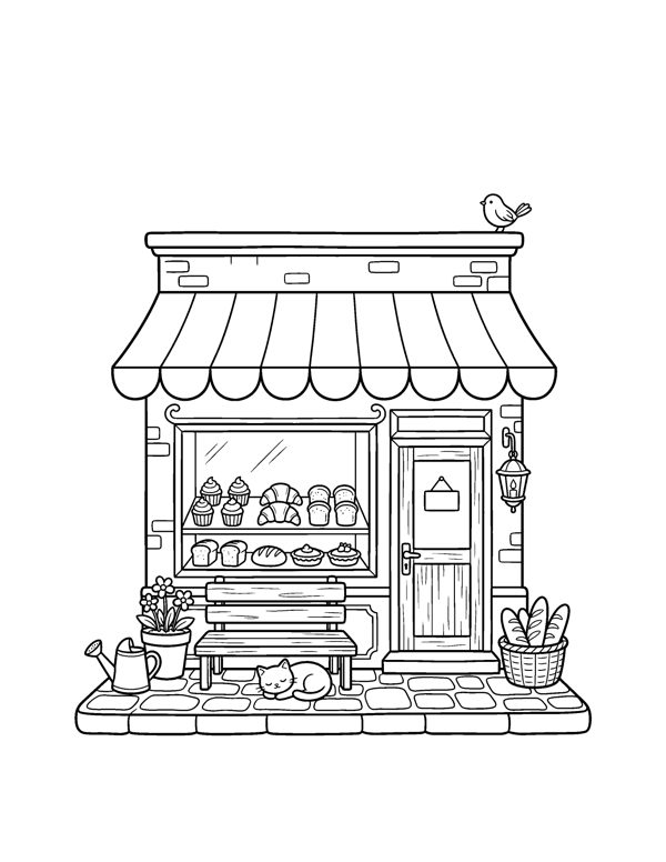 Bakery Front Coloring Page - Cozy Christmas Village Coloring Pages