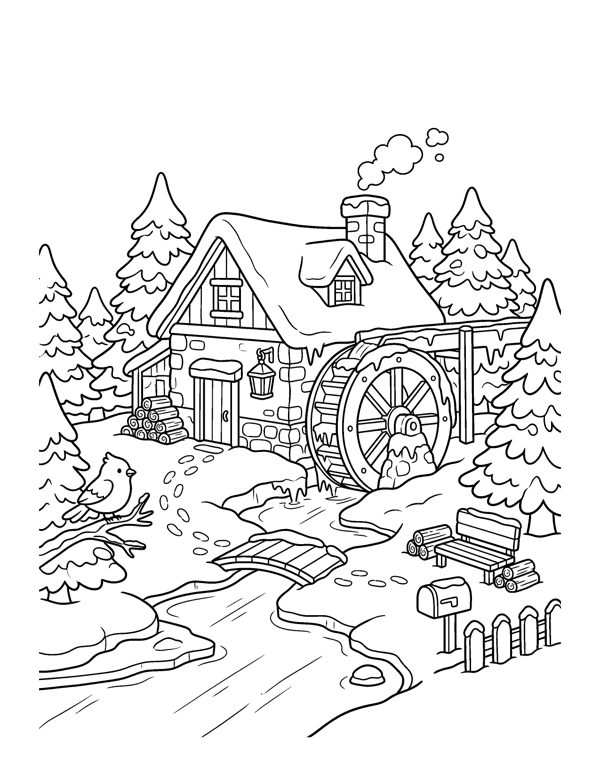 Mill Stream Coloring Page - Cozy Christmas Village Coloring Pages