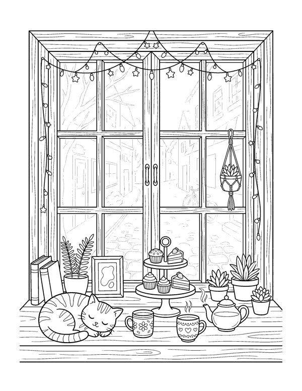 Cafe Window Coloring Page - Cozy Christmas Village Coloring Pages