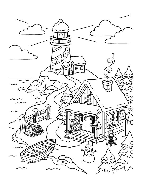 Lighthouse Winter Coloring Page - Cozy Christmas Village Coloring Pages