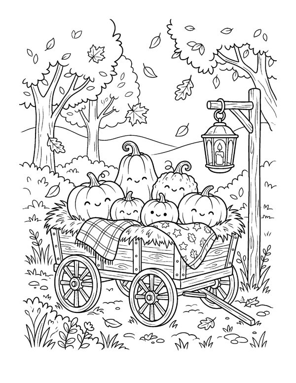 Wagon Ride Coloring Page - Cozy Pumpkin Patch Coloring Pages