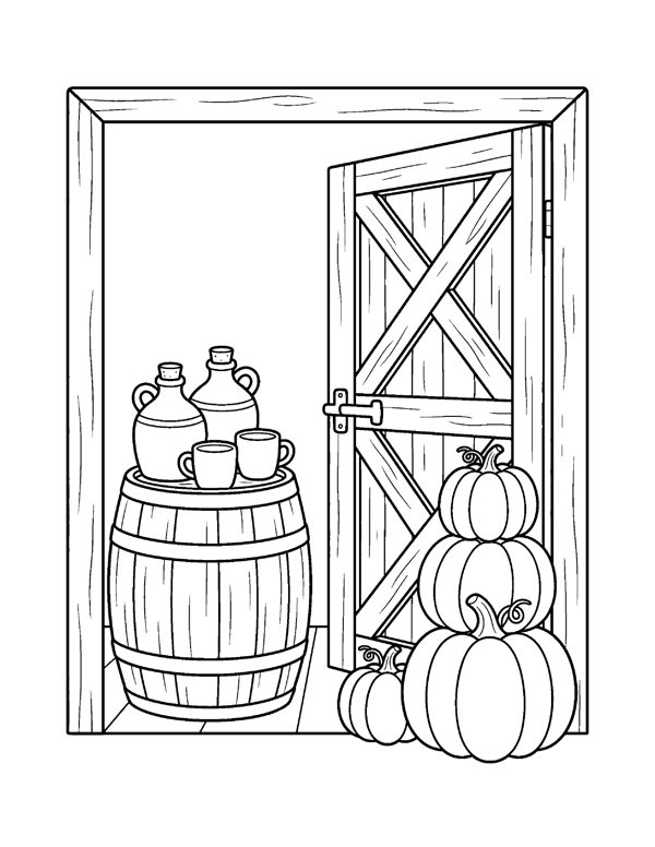 Cider Barn Coloring Page - Cozy Pumpkin Patch Coloring Pages