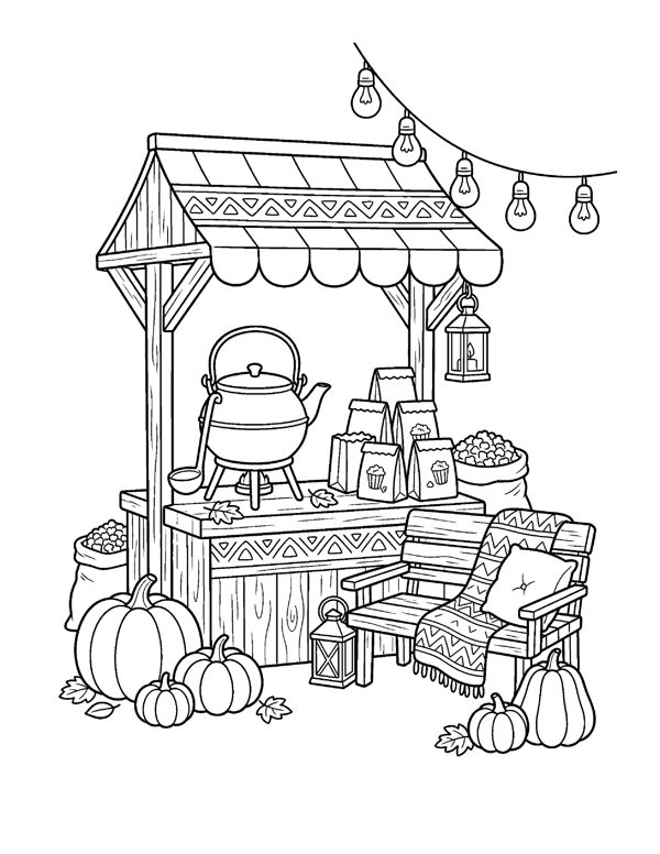 Kettle Corn Stall Coloring Page - Cozy Pumpkin Patch Coloring Pages