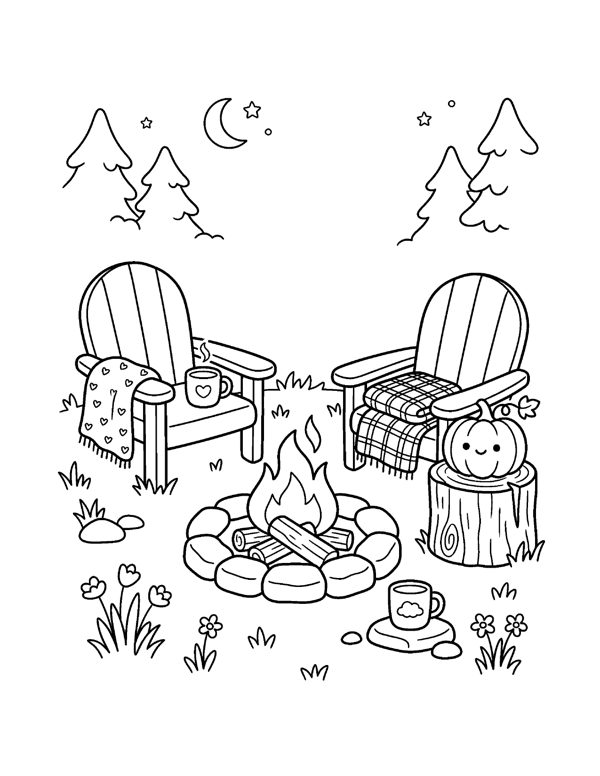 Hot Cocoa Fire Pit Coloring Page - Cozy Pumpkin Patch Coloring Pages