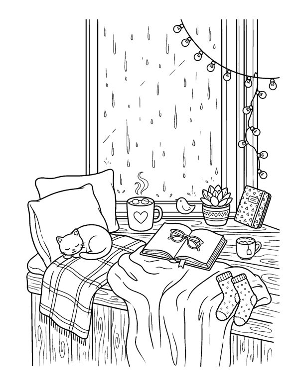 Cozy Rainy Day Coloring Pages for Adults & Teens free sample
