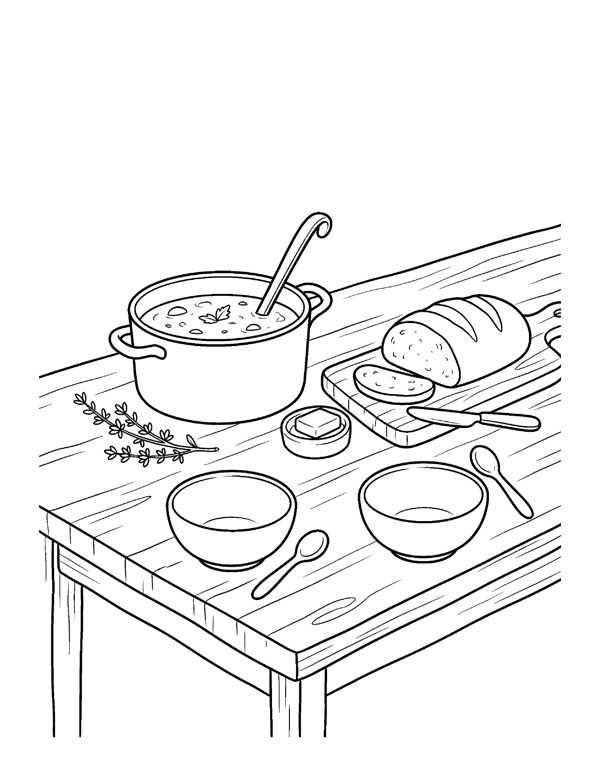 Soup Pot Bread Coloring Page - Cozy Thanksgiving Coloring Pages - Set 2