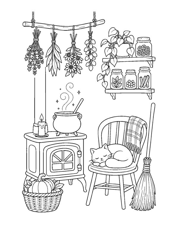 Cozy Witch Coloring Pages free sample