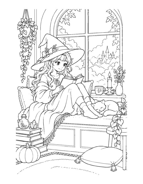 Witch Reading Nook Coloring Page - Cozy Witch Coloring Pages