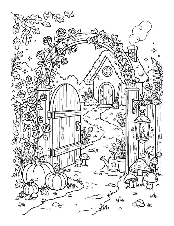 Witch Garden Gate Coloring Page - Cozy Witch Coloring Pages