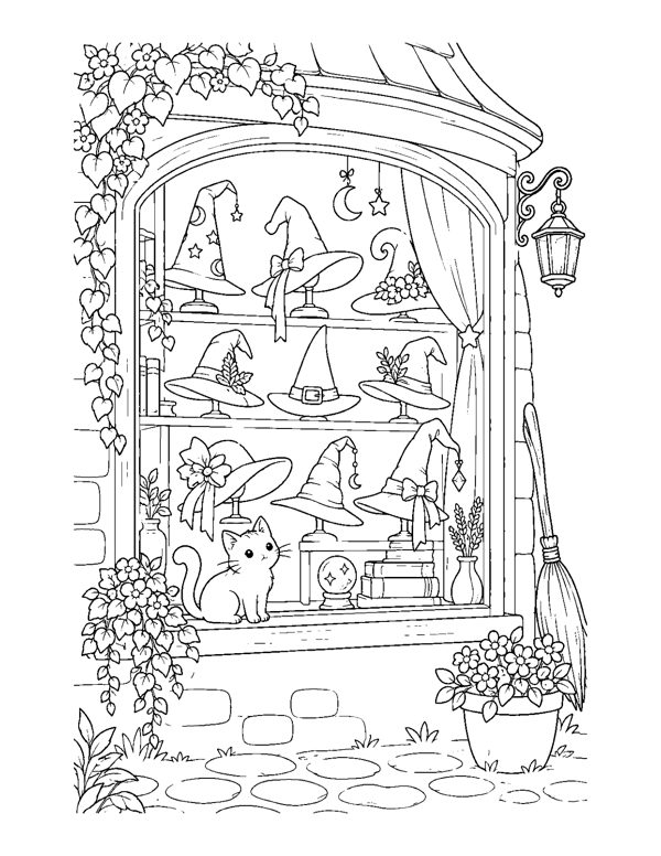 Witch Hat Shop Coloring Page - Cozy Witch Coloring Pages