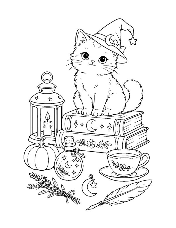 Witch Cat Familiar Coloring Page - Cozy Witch Coloring Pages