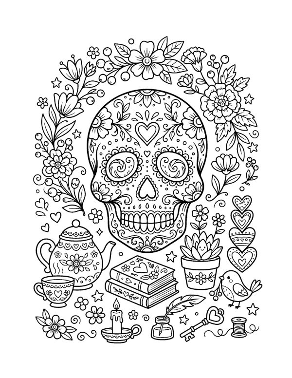 Sugar Skull Flowers Coloring Page - Cozy Day of the Dead Coloring Pages