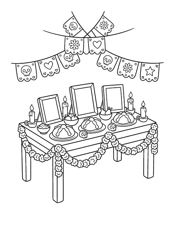 Ofrenda Table Coloring Page - Cozy Day of the Dead Coloring Pages