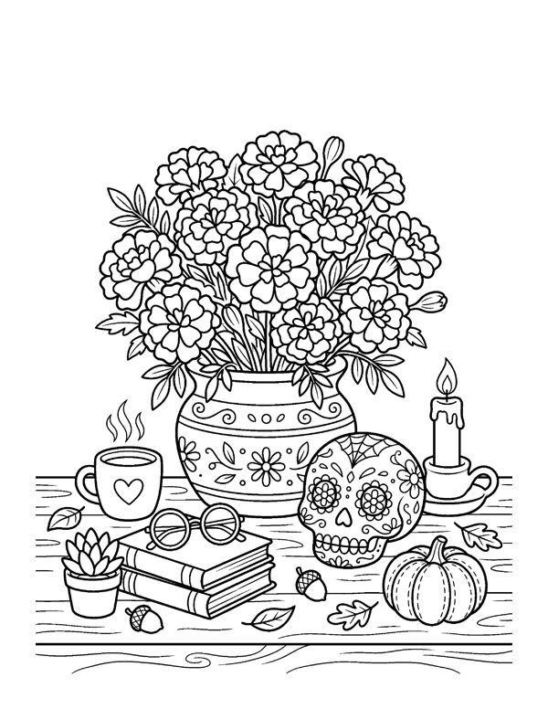 Marigold Bouquet Coloring Page - Cozy Day of the Dead Coloring Pages