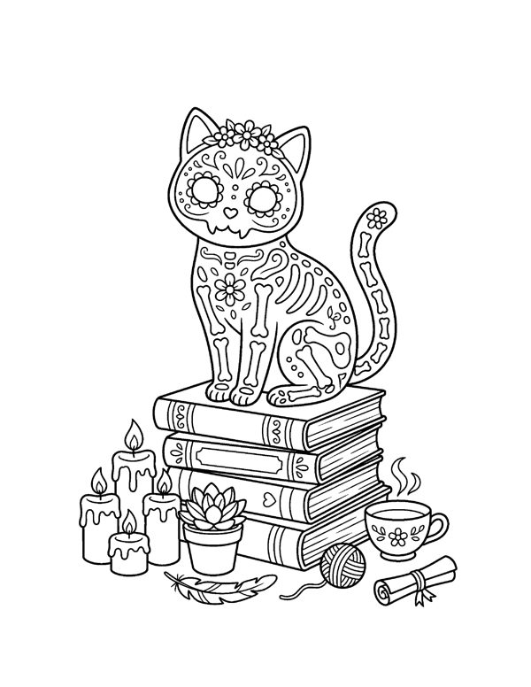 Calavera Cat Coloring Page - Cozy Day of the Dead Coloring Pages