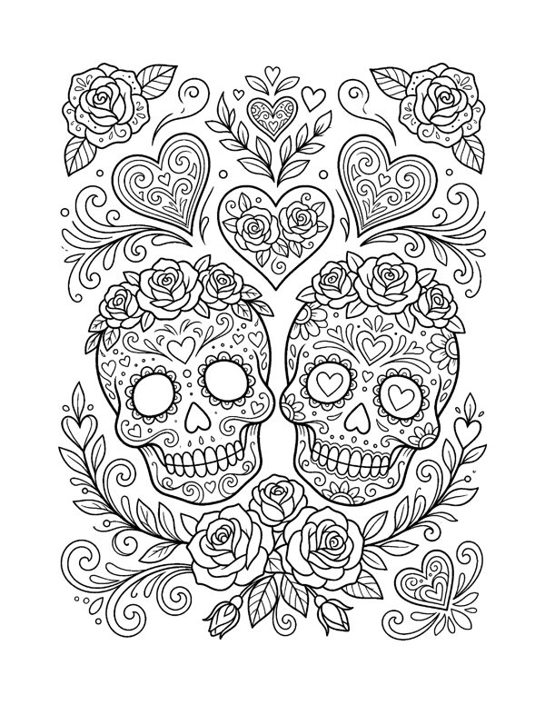 Sugar Skull Pair Coloring Page - Cozy Day of the Dead Coloring Pages