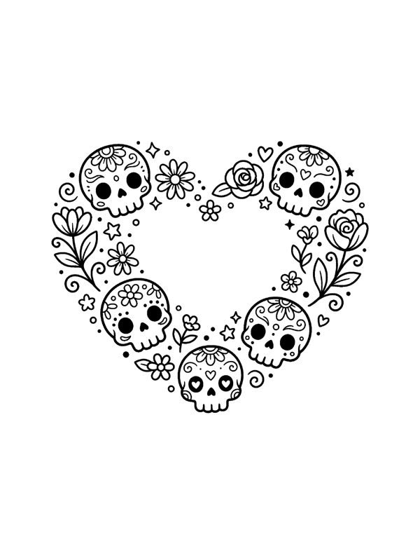 Sugar Skull Heart Coloring Page - Cozy Day of the Dead Coloring Pages