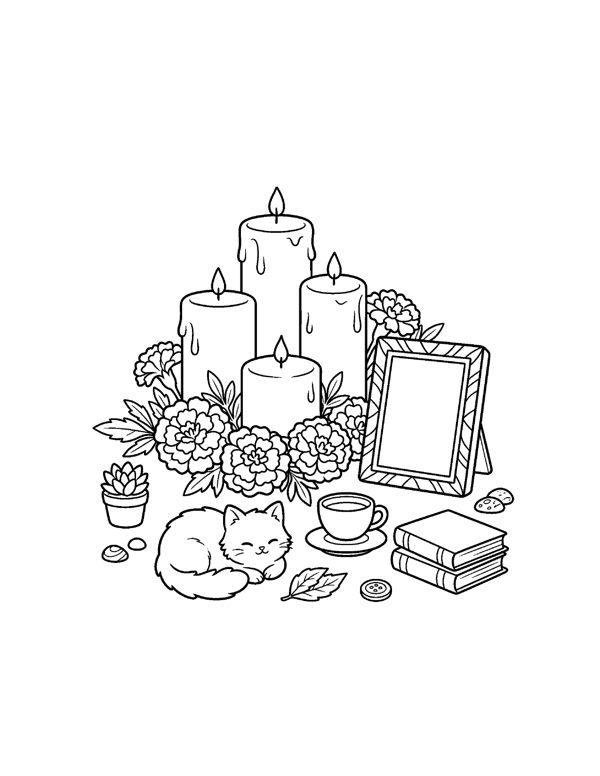 Candles Cluster Coloring Page - Cozy Day of the Dead Coloring Pages