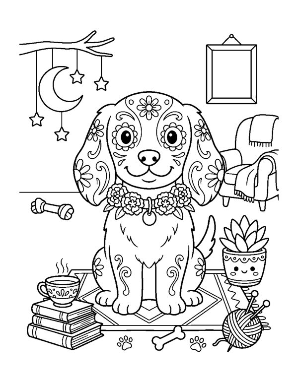 Calavera Dog Coloring Page - Cozy Day of the Dead Coloring Pages