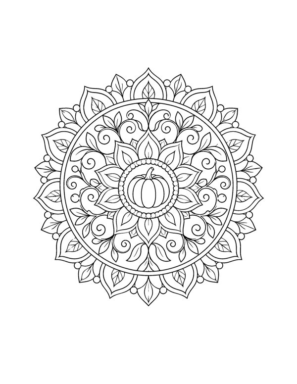 Pumpkin Center Mandala Coloring Page - Fall Mandala Coloring Pages
