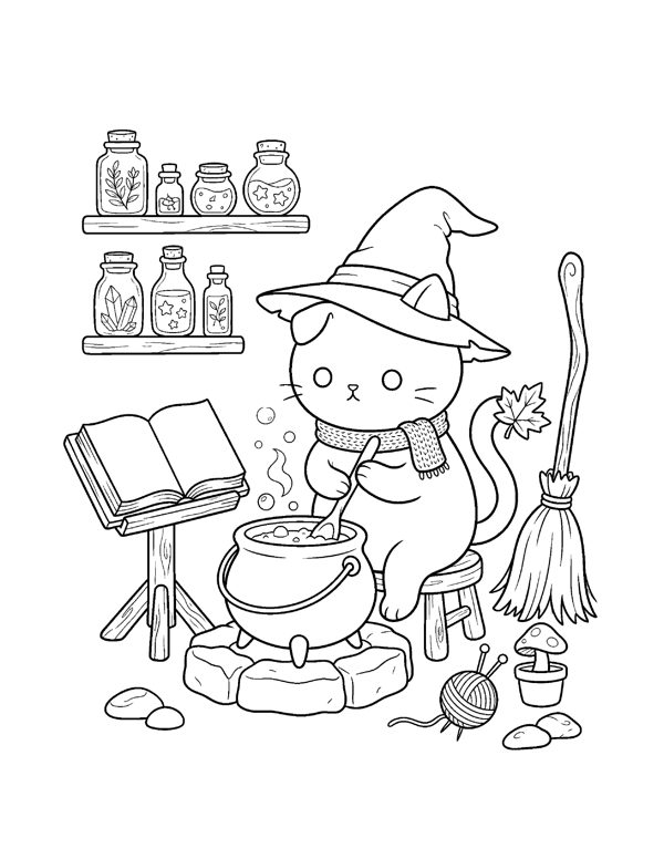 Cozy Halloween Cat Coloring Pages page 2