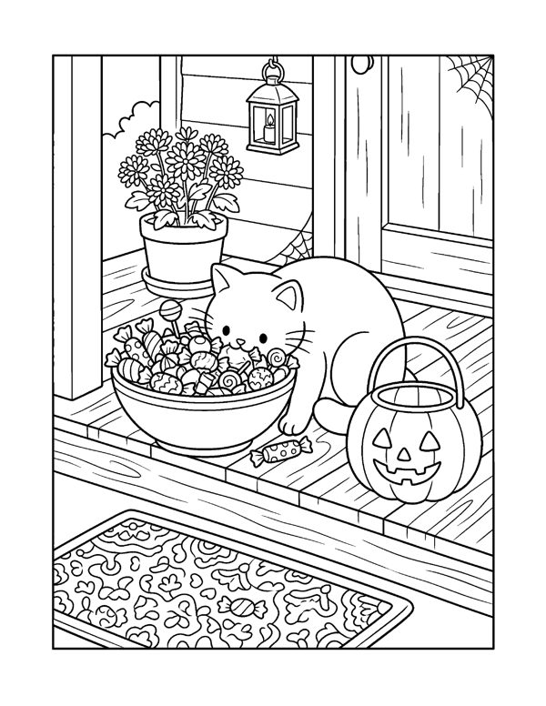 Cozy Halloween Cat Coloring Pages page 4