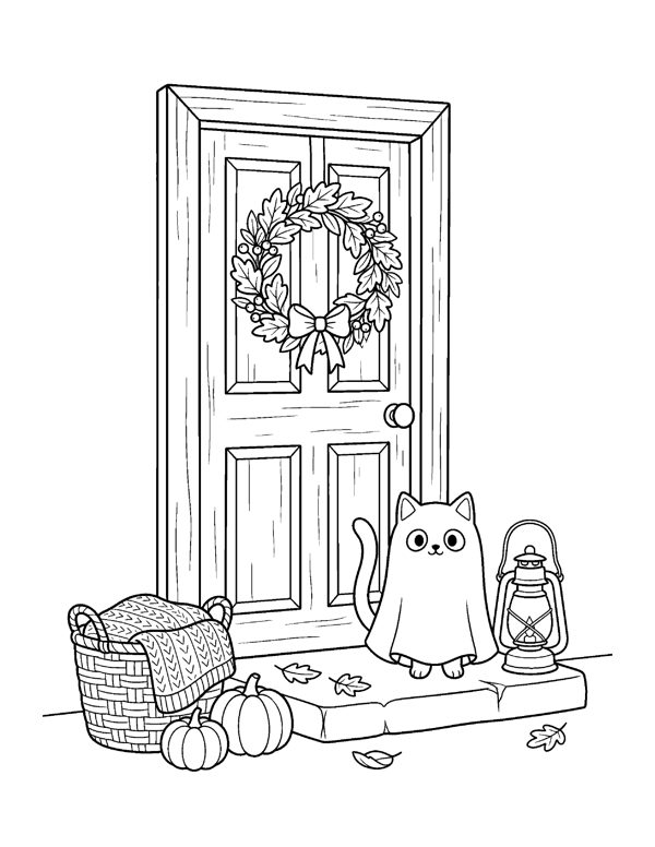 Cozy Halloween Cat Coloring Pages page 5