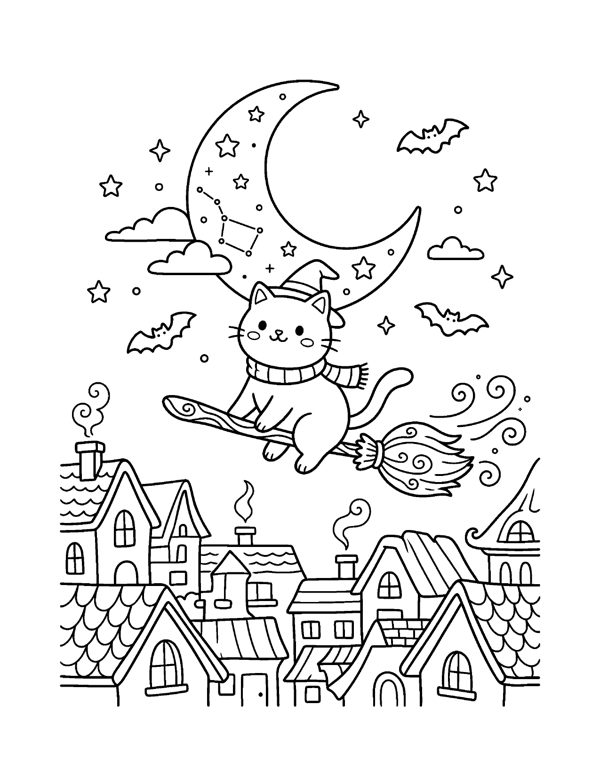 Cozy Halloween Cat Coloring Pages page 7