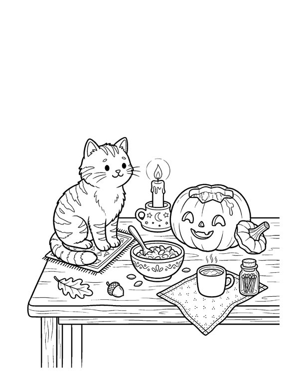 Cozy Halloween Cat Coloring Pages page 11
