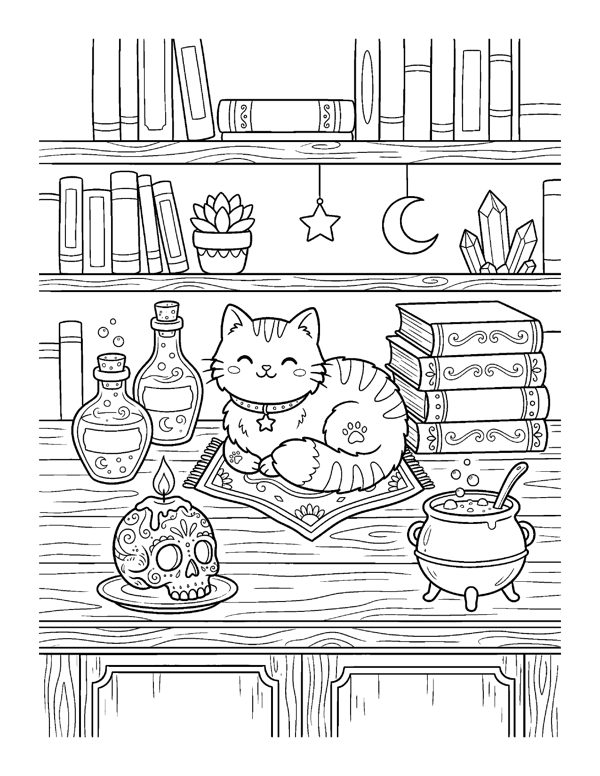 Cozy Halloween Cat Coloring Pages page 14