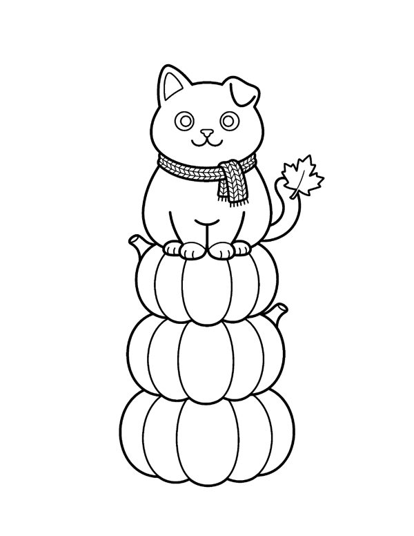 Cat Pumpkin Stack Coloring Page - Halloween Coloring Pages