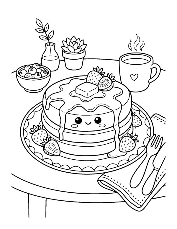 Pancake Stack Coloring Page - Kawaii Food Coloring Pages