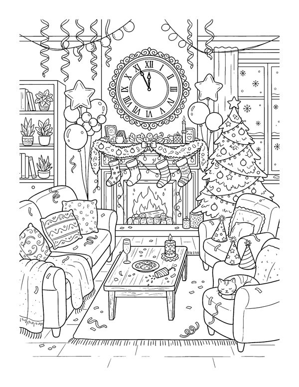 Countdown Clock Party Coloring Page - Cozy New Year Coloring Pages