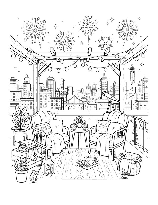Fireworks Rooftop Coloring Page - Cozy New Year Coloring Pages